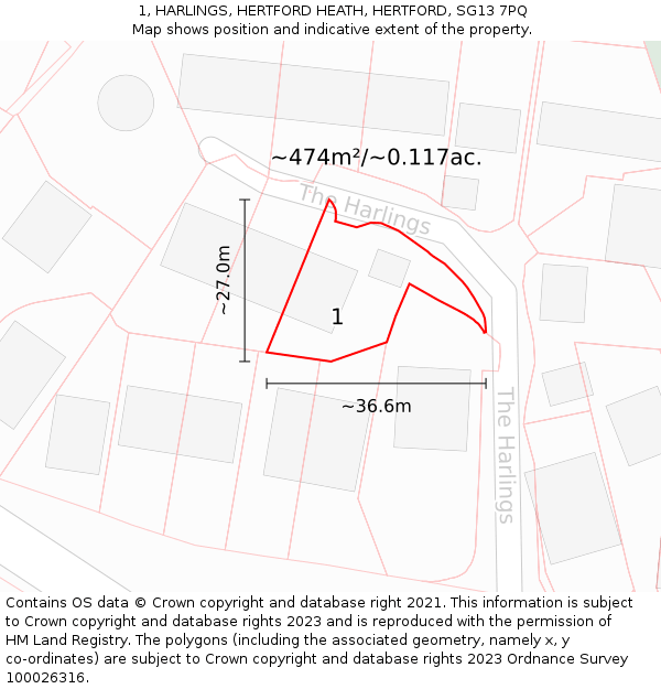 1, HARLINGS, HERTFORD HEATH, HERTFORD, SG13 7PQ: Plot and title map