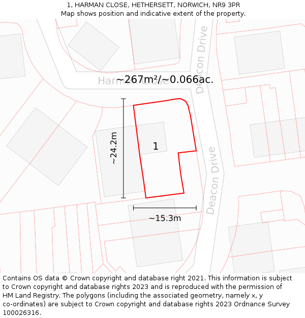 1, HARMAN CLOSE, HETHERSETT, NORWICH, NR9 3PR: Plot and title map