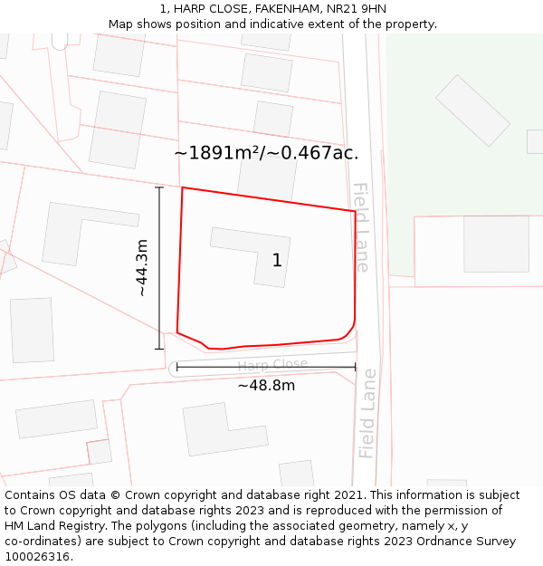 1, HARP CLOSE, FAKENHAM, NR21 9HN: Plot and title map