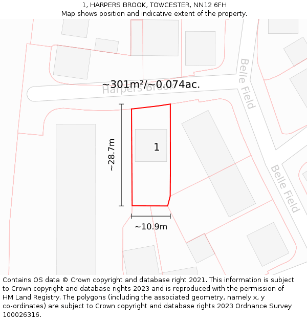 1, HARPERS BROOK, TOWCESTER, NN12 6FH: Plot and title map