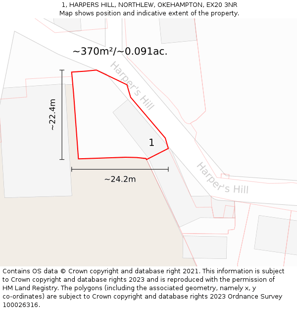 1, HARPERS HILL, NORTHLEW, OKEHAMPTON, EX20 3NR: Plot and title map
