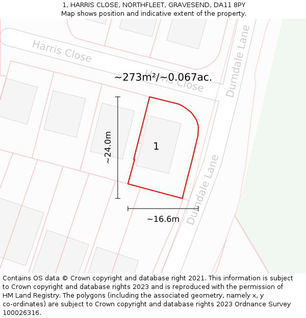 1, HARRIS CLOSE, NORTHFLEET, GRAVESEND, DA11 8PY: Plot and title map