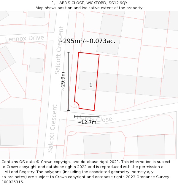 1, HARRIS CLOSE, WICKFORD, SS12 9QY: Plot and title map