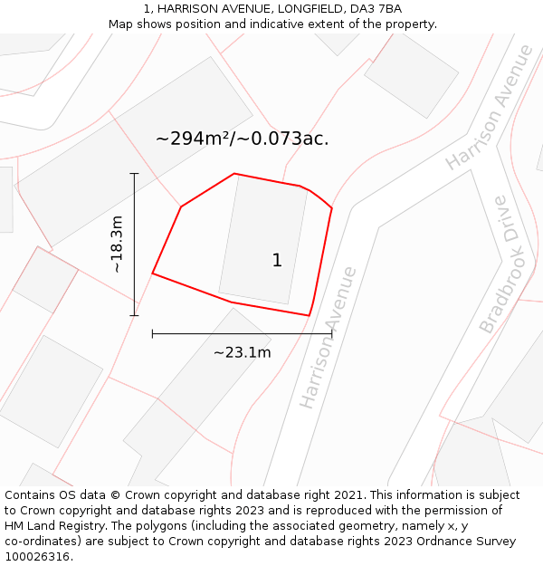 1, HARRISON AVENUE, LONGFIELD, DA3 7BA: Plot and title map