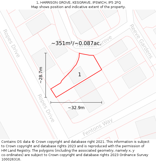 1, HARRISON GROVE, KESGRAVE, IPSWICH, IP5 2FQ: Plot and title map