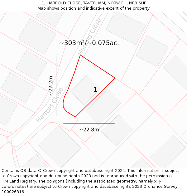 1, HARROLD CLOSE, TAVERHAM, NORWICH, NR8 6UE: Plot and title map