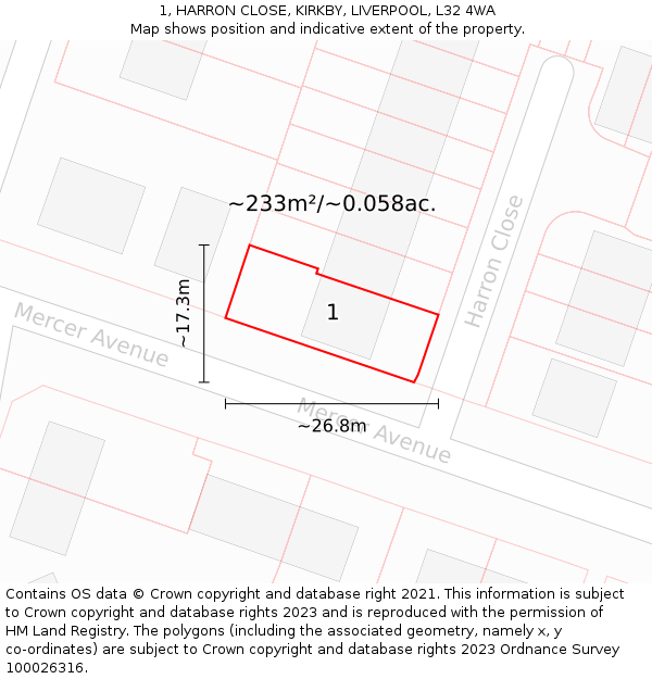 1, HARRON CLOSE, KIRKBY, LIVERPOOL, L32 4WA: Plot and title map