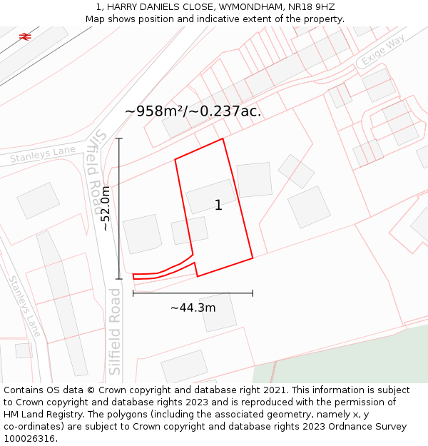 1, HARRY DANIELS CLOSE, WYMONDHAM, NR18 9HZ: Plot and title map