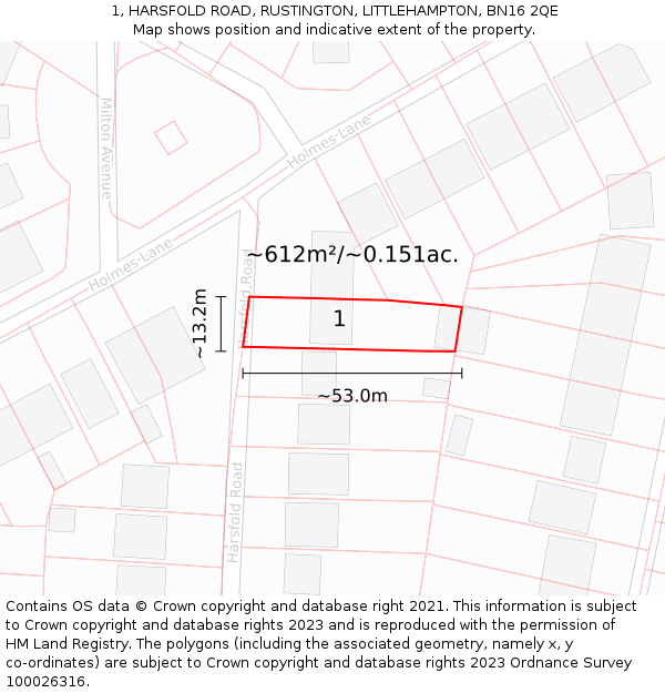 1, HARSFOLD ROAD, RUSTINGTON, LITTLEHAMPTON, BN16 2QE: Plot and title map