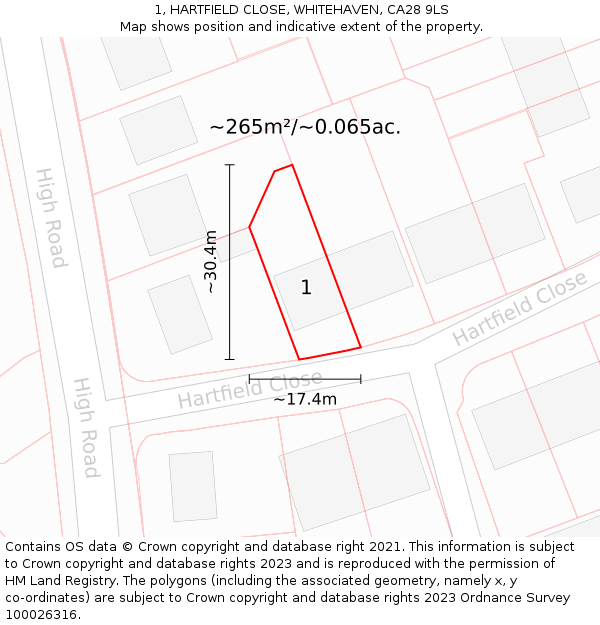 1, HARTFIELD CLOSE, WHITEHAVEN, CA28 9LS: Plot and title map