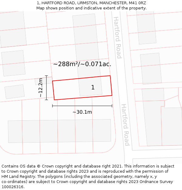 1, HARTFORD ROAD, URMSTON, MANCHESTER, M41 0RZ: Plot and title map