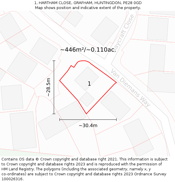 1, HARTHAM CLOSE, GRAFHAM, HUNTINGDON, PE28 0GD: Plot and title map