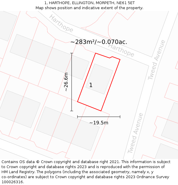 1, HARTHOPE, ELLINGTON, MORPETH, NE61 5ET: Plot and title map