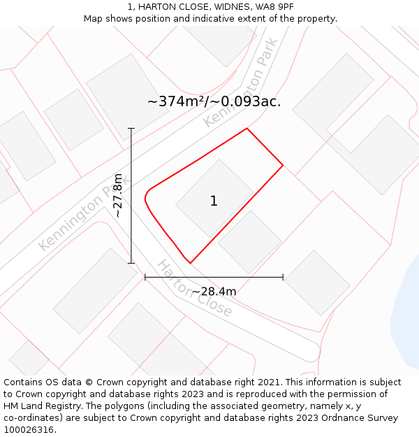 1, HARTON CLOSE, WIDNES, WA8 9PF: Plot and title map