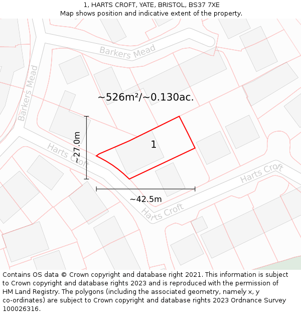 1, HARTS CROFT, YATE, BRISTOL, BS37 7XE: Plot and title map