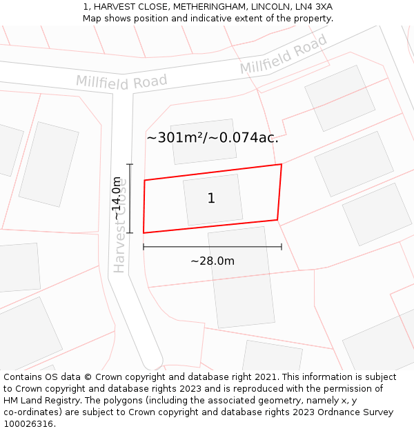 1, HARVEST CLOSE, METHERINGHAM, LINCOLN, LN4 3XA: Plot and title map