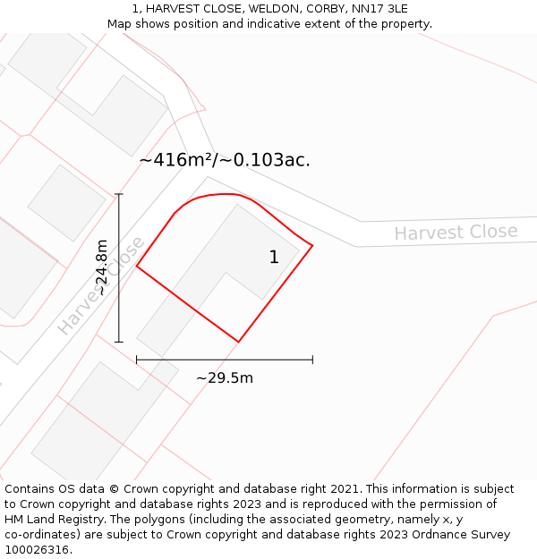 1, HARVEST CLOSE, WELDON, CORBY, NN17 3LE: Plot and title map