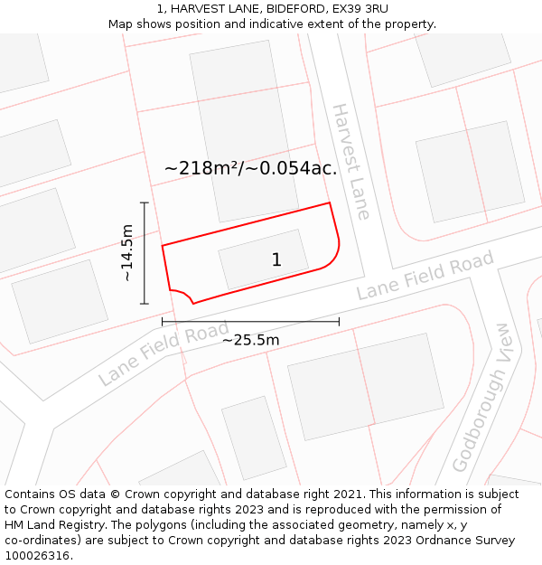 1, HARVEST LANE, BIDEFORD, EX39 3RU: Plot and title map