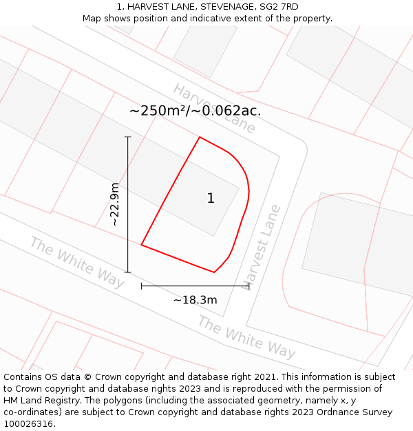 1, HARVEST LANE, STEVENAGE, SG2 7RD: Plot and title map