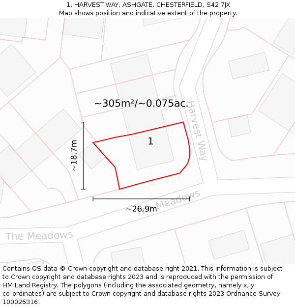 1, HARVEST WAY, ASHGATE, CHESTERFIELD, S42 7JX: Plot and title map