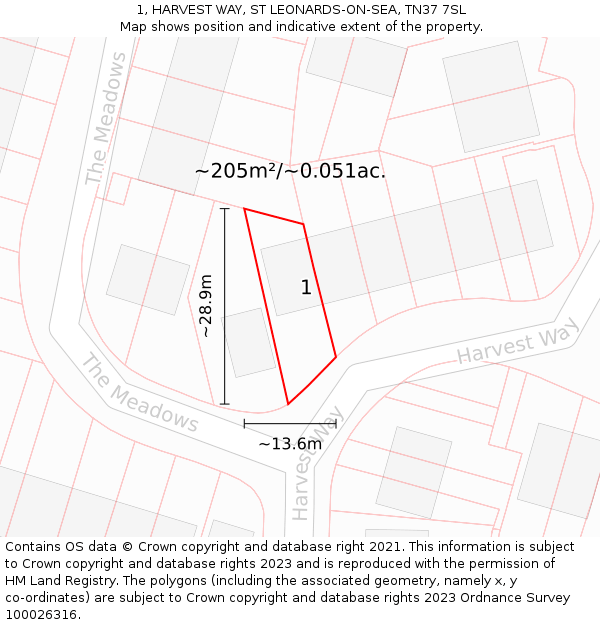 1, HARVEST WAY, ST LEONARDS-ON-SEA, TN37 7SL: Plot and title map