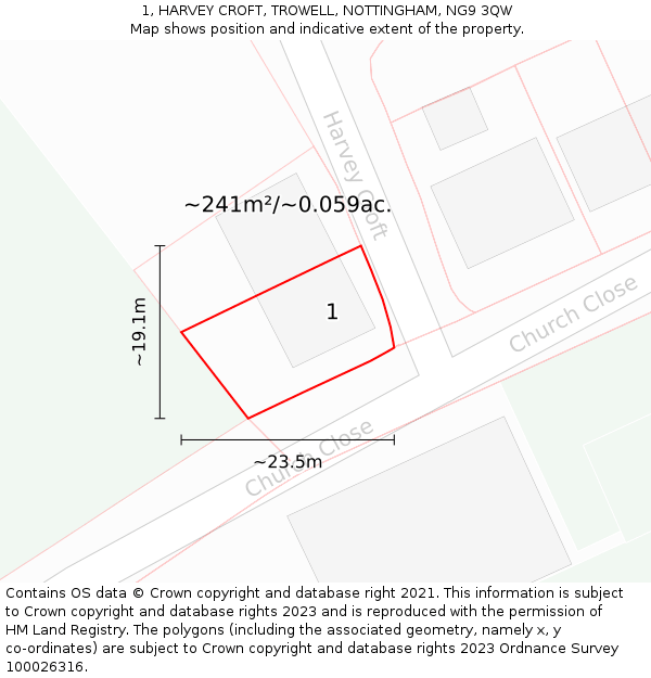 1, HARVEY CROFT, TROWELL, NOTTINGHAM, NG9 3QW: Plot and title map