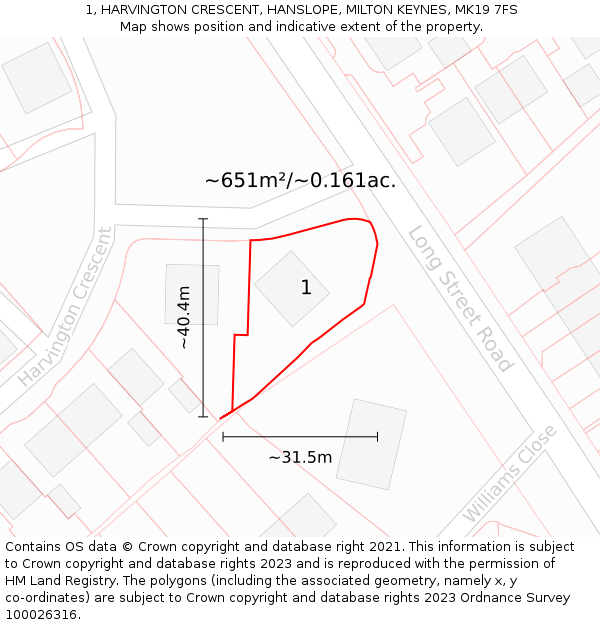 1, HARVINGTON CRESCENT, HANSLOPE, MILTON KEYNES, MK19 7FS: Plot and title map