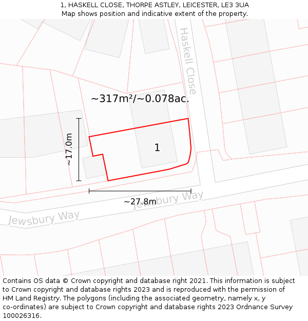 1, HASKELL CLOSE, THORPE ASTLEY, LEICESTER, LE3 3UA: Plot and title map