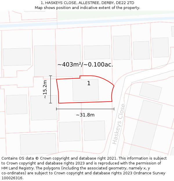 1, HASKEYS CLOSE, ALLESTREE, DERBY, DE22 2TD: Plot and title map