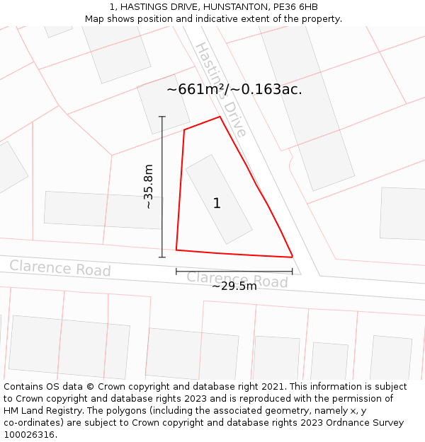 1, HASTINGS DRIVE, HUNSTANTON, PE36 6HB: Plot and title map