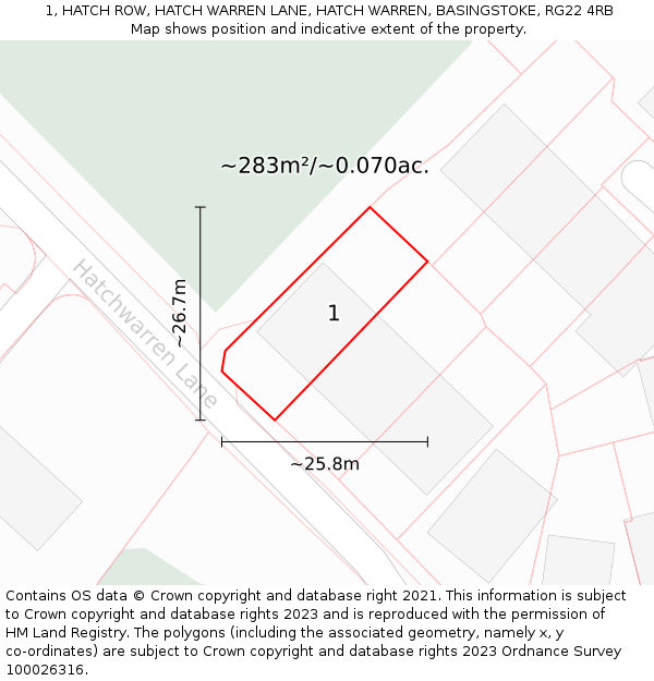 1, HATCH ROW, HATCH WARREN LANE, HATCH WARREN, BASINGSTOKE, RG22 4RB: Plot and title map