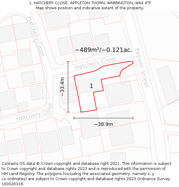 1, HATCHERY CLOSE, APPLETON THORN, WARRINGTON, WA4 4TF: Plot and title map