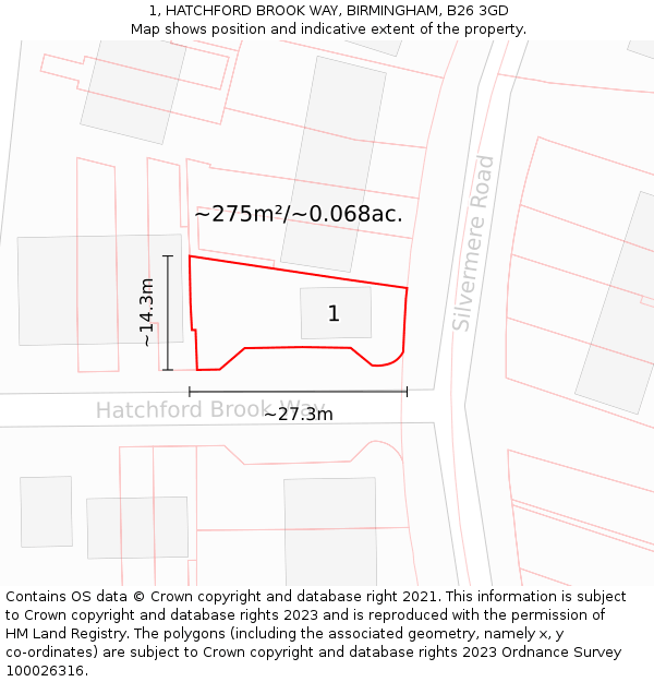 1, HATCHFORD BROOK WAY, BIRMINGHAM, B26 3GD: Plot and title map