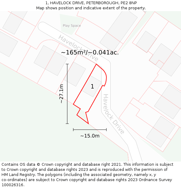 1, HAVELOCK DRIVE, PETERBOROUGH, PE2 8NP: Plot and title map