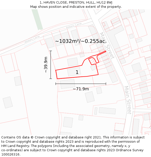 1, HAVEN CLOSE, PRESTON, HULL, HU12 8WJ: Plot and title map