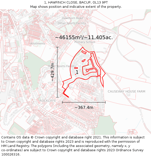 1, HAWFINCH CLOSE, BACUP, OL13 9PT: Plot and title map