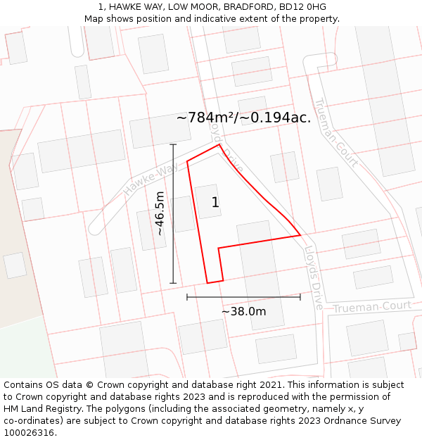 1, HAWKE WAY, LOW MOOR, BRADFORD, BD12 0HG: Plot and title map