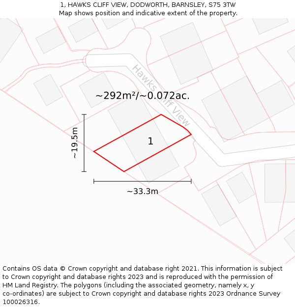 1, HAWKS CLIFF VIEW, DODWORTH, BARNSLEY, S75 3TW: Plot and title map