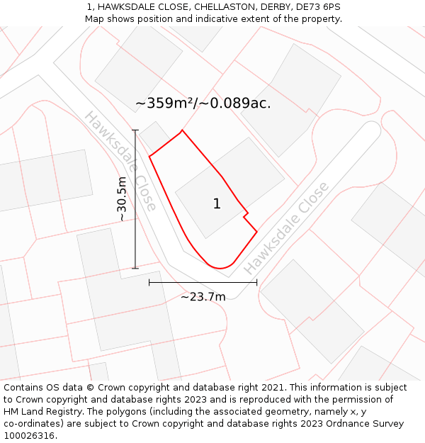 1, HAWKSDALE CLOSE, CHELLASTON, DERBY, DE73 6PS: Plot and title map