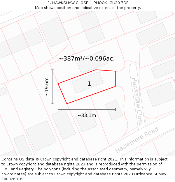 1, HAWKSHAW CLOSE, LIPHOOK, GU30 7DF: Plot and title map