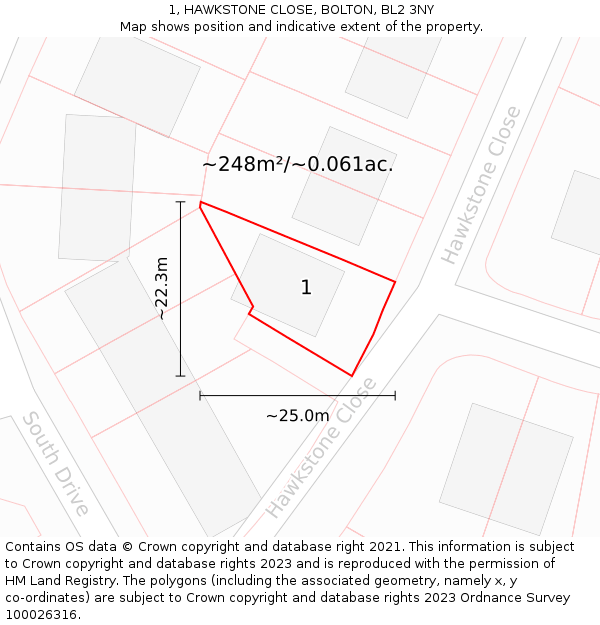 1, HAWKSTONE CLOSE, BOLTON, BL2 3NY: Plot and title map