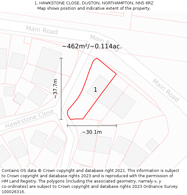 1, HAWKSTONE CLOSE, DUSTON, NORTHAMPTON, NN5 6RZ: Plot and title map