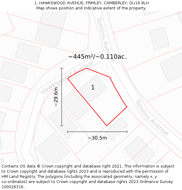 1, HAWKSWOOD AVENUE, FRIMLEY, CAMBERLEY, GU16 8LH: Plot and title map