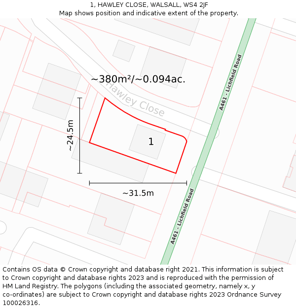 1, HAWLEY CLOSE, WALSALL, WS4 2JF: Plot and title map