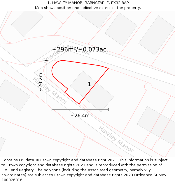 1, HAWLEY MANOR, BARNSTAPLE, EX32 8AP: Plot and title map