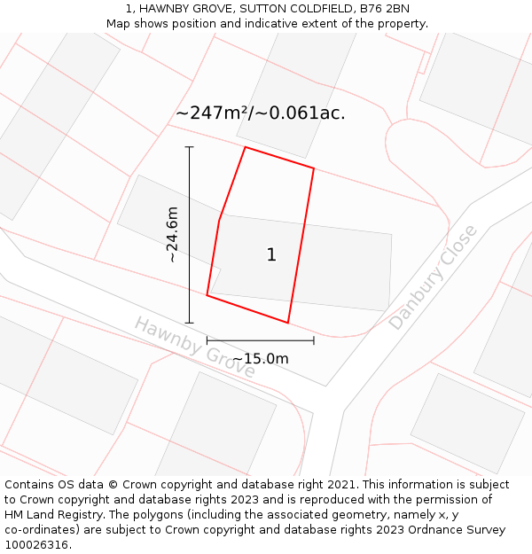 1, HAWNBY GROVE, SUTTON COLDFIELD, B76 2BN: Plot and title map