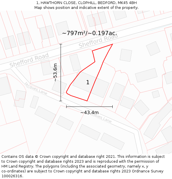 1, HAWTHORN CLOSE, CLOPHILL, BEDFORD, MK45 4BH: Plot and title map