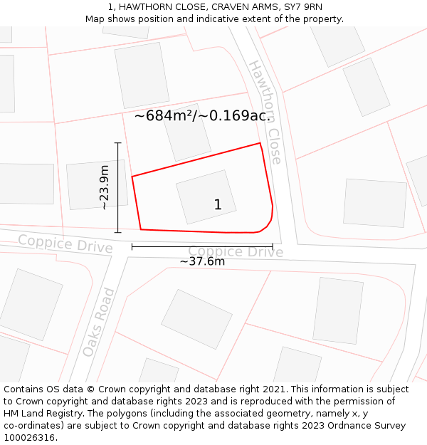 1, HAWTHORN CLOSE, CRAVEN ARMS, SY7 9RN: Plot and title map