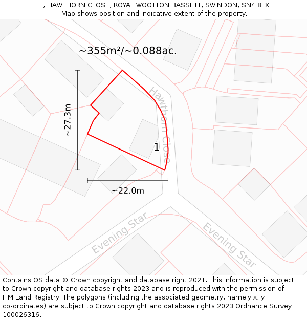 1, HAWTHORN CLOSE, ROYAL WOOTTON BASSETT, SWINDON, SN4 8FX: Plot and title map