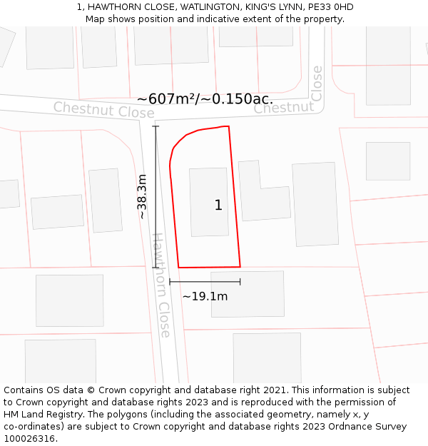1, HAWTHORN CLOSE, WATLINGTON, KING'S LYNN, PE33 0HD: Plot and title map
